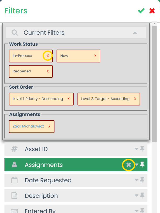 Clearing Filters from Filtering Dialog Box