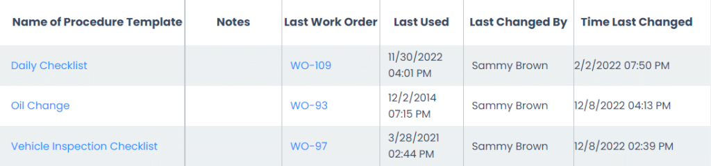 Procedure Template Library Columns