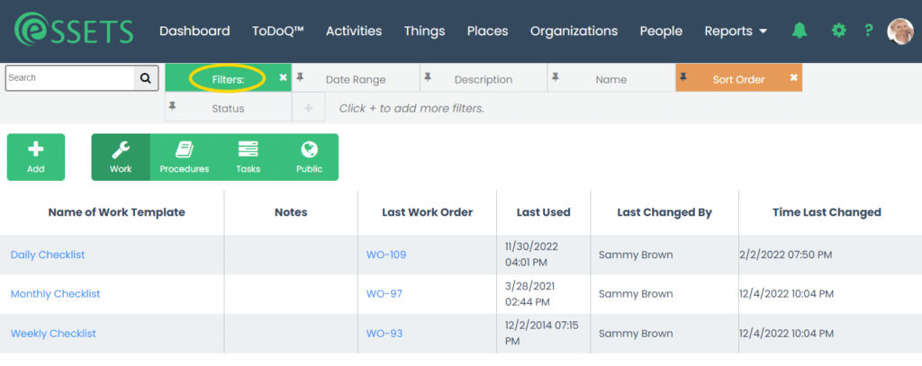 Work Template Library Filters